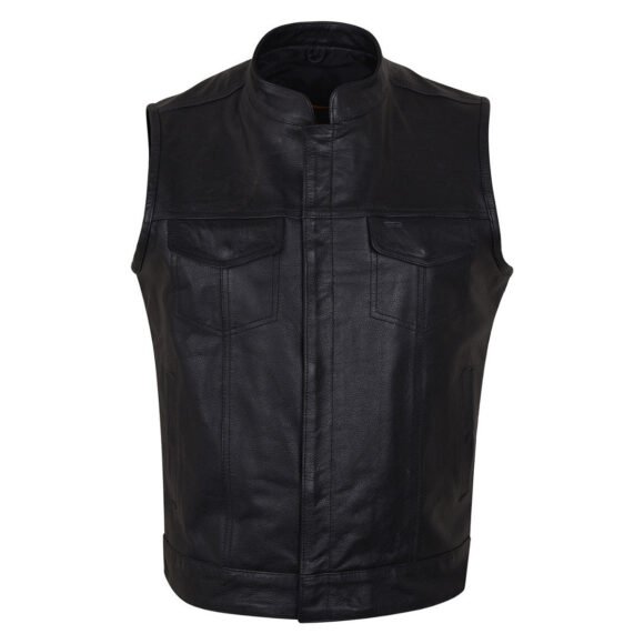 mens black cowhide concealed carry leather biker vest | zipper