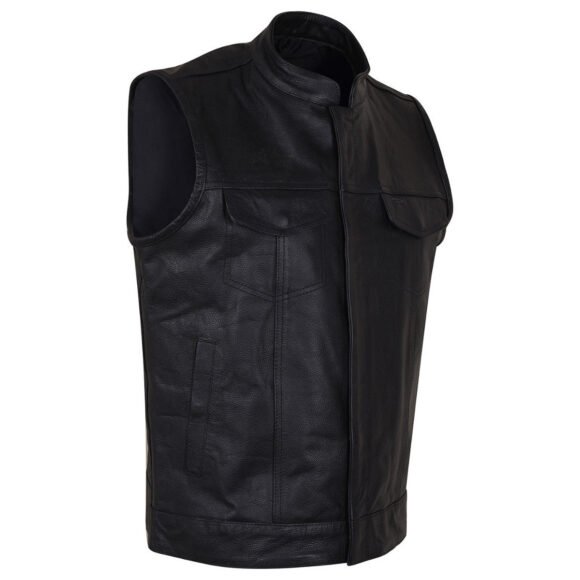mens black cowhide concealed carry leather biker vest | zipper
