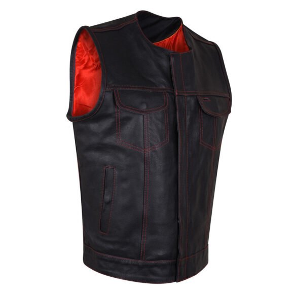 mens black premium cowhide club style vest | quick access ccw | red liner