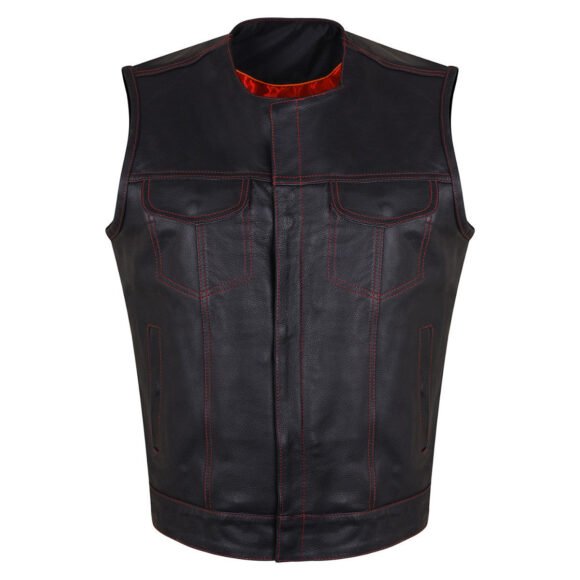 mens black premium cowhide club style vest | quick access ccw | red liner