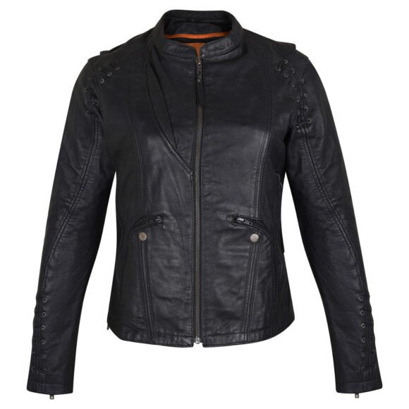 womens black goatskin leather motorcycle fashion jacket | lace | grommet