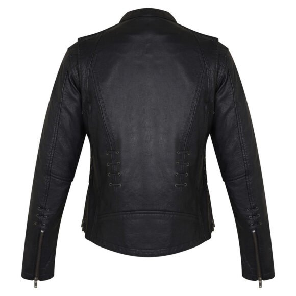 womens black goatskin leather motorcycle fashion jacket | lace | grommet