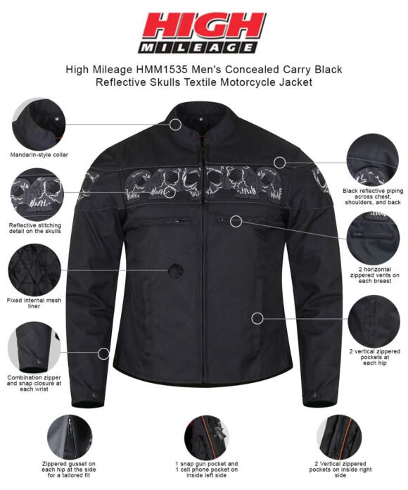 high mileage men's concealed carry black reflective skulls textile motorcycle jacket