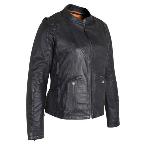 womens black goatskin leather motorcycle fashion jacket | lace | grommet