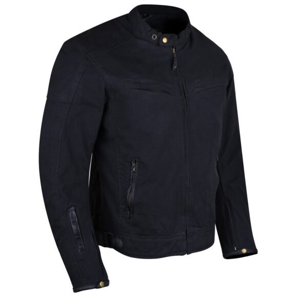 mens black waxed cotton cafe style scooter motorcycle jacket with ce armor