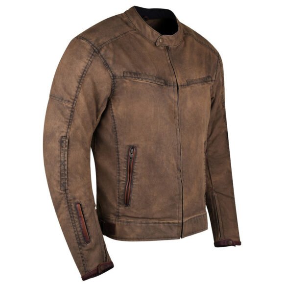 mens brown waxed cotton cafe style scooter motorcycle jacket with ce armor