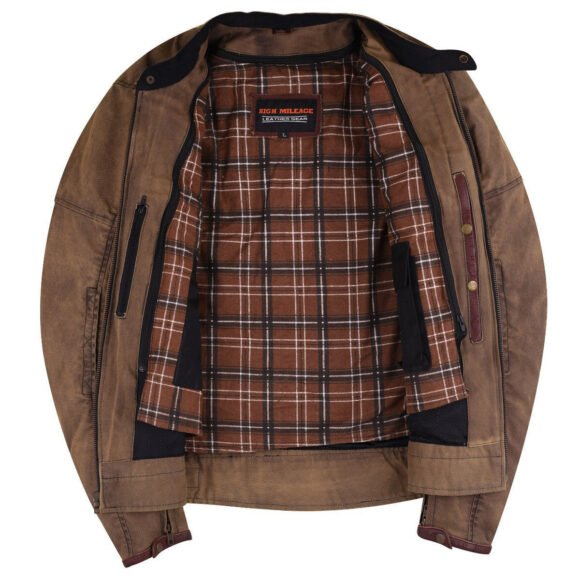 mens brown waxed cotton cafe style scooter motorcycle jacket with ce armor