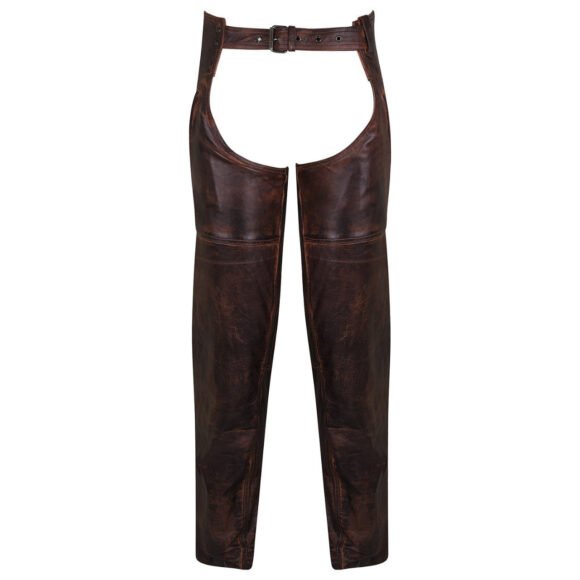 high mileage unisex vintage distressed brown biker motorcycle leather chaps
