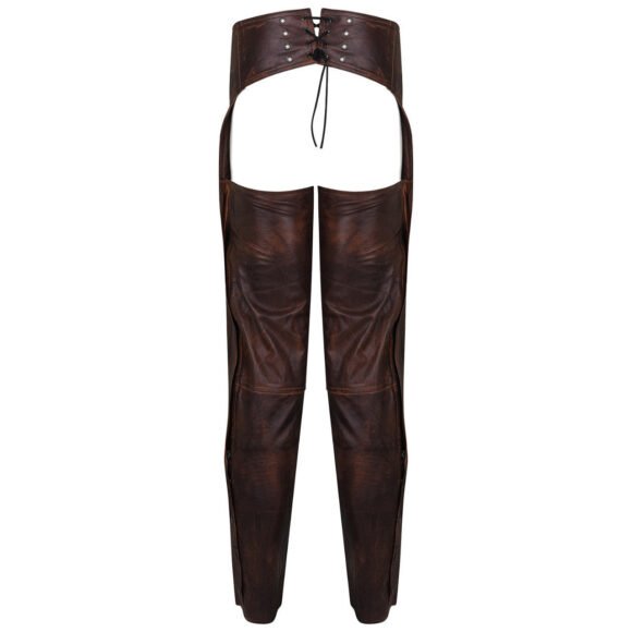 high mileage unisex vintage distressed brown biker motorcycle leather chaps