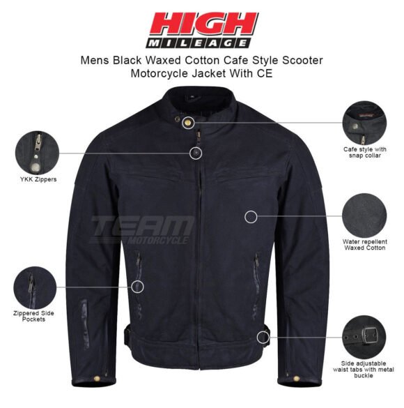 mens black waxed cotton cafe style scooter motorcycle jacket with ce armor
