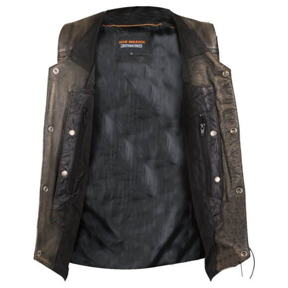 mens distressed brown cowhide ten pocket biker vest