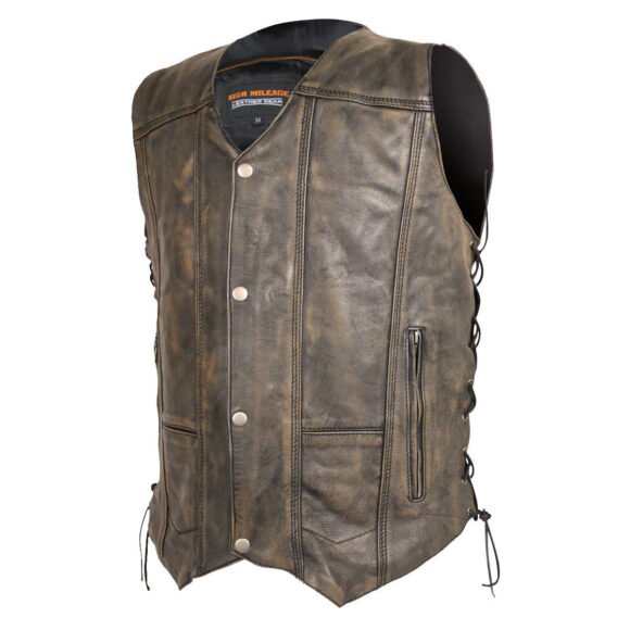 mens distressed brown cowhide ten pocket biker vest