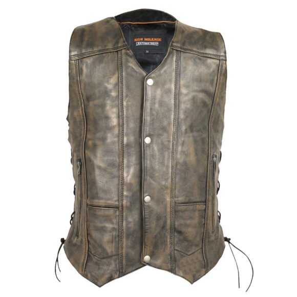 mens distressed brown cowhide ten pocket biker vest