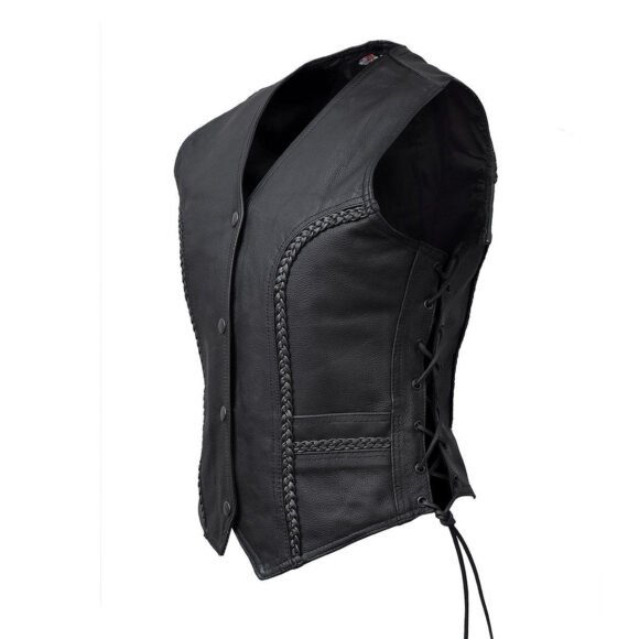 vance womens black leather vest | braided
