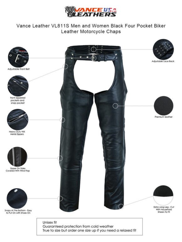 vance black four pocket biker leather motorcycle chaps unisex