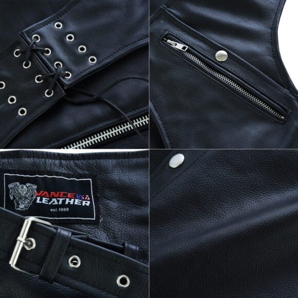 unisex black premium cowhide four pocket biker leather chaps
