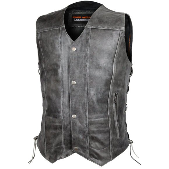 mens high mileage distressed gray cowhide ten pocket motorcycle vest