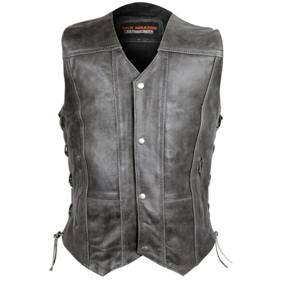 mens high mileage distressed gray cowhide ten pocket motorcycle vest