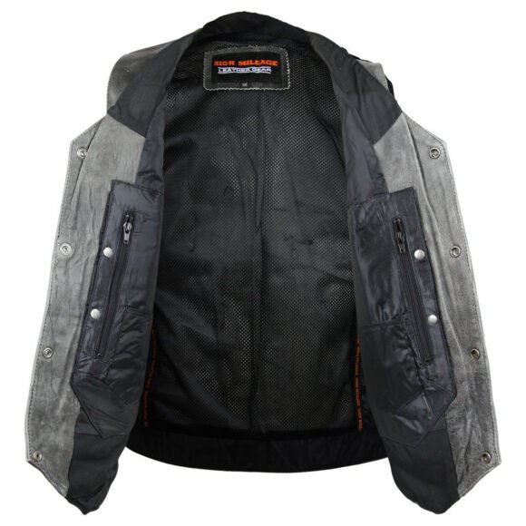 mens high mileage distressed gray cowhide ten pocket motorcycle vest