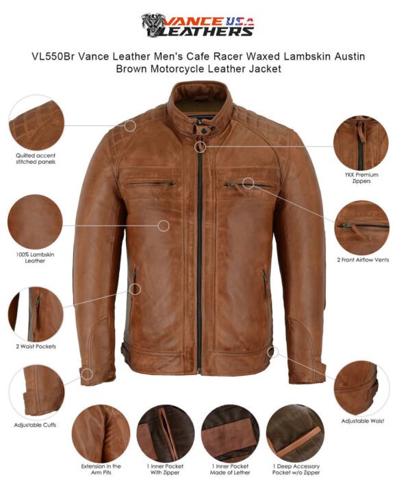 mens cafe racer waxed lambskin austin brown biker jacket