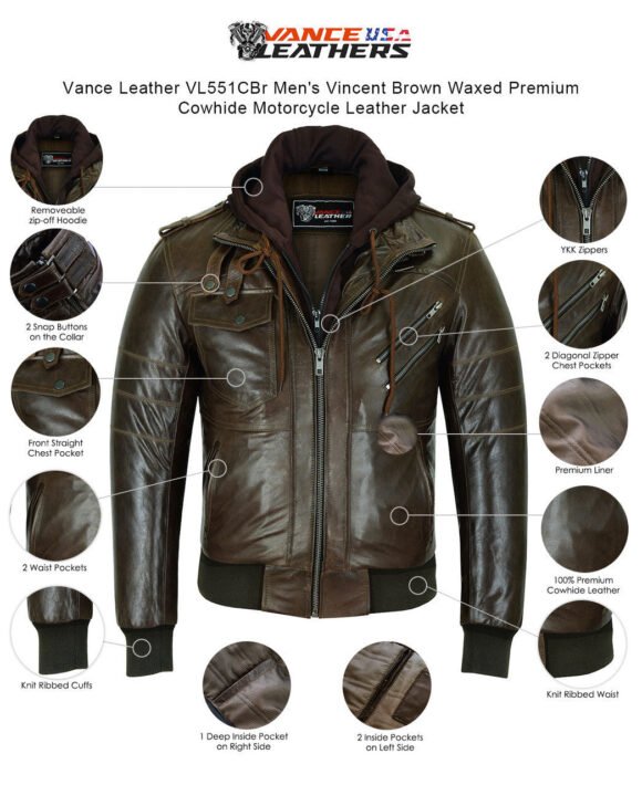 vance leather mens vincent brown waxed premium cowhide motorcycle leather jacket