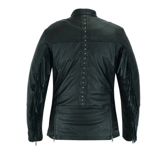 high mileage "roxy" womens black leather fashion jacket | fringe | rivet detail | lightweight