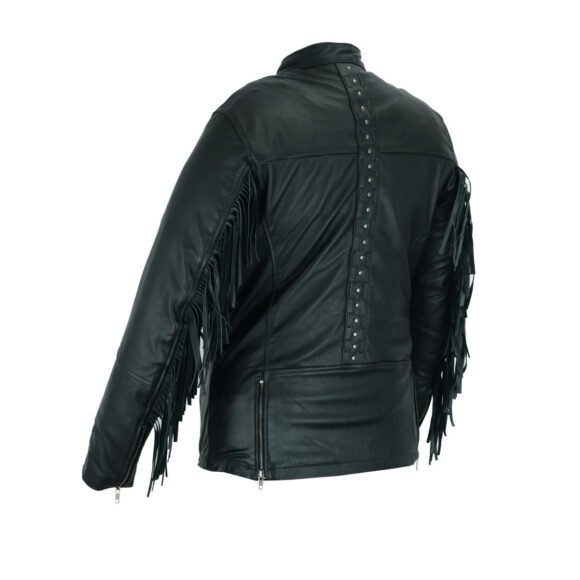 high mileage "roxy" womens black leather fashion jacket | fringe | rivet detail | lightweight