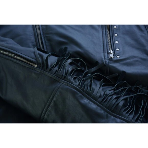 high mileage "roxy" womens black leather fashion jacket | fringe | rivet detail | lightweight
