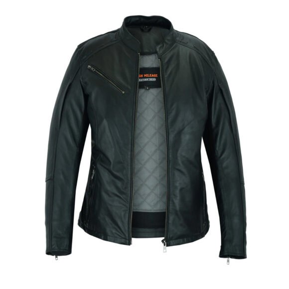 high mileage "roxy" womens black leather fashion jacket | fringe | rivet detail | lightweight