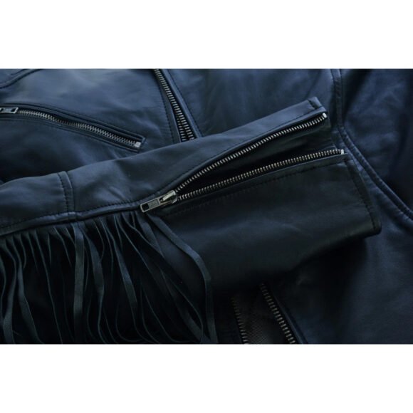 high mileage "roxy" womens black leather fashion jacket | fringe | rivet detail | lightweight