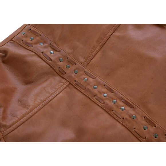 womens fringe | rivet brown leather fashion jacket | lightweight