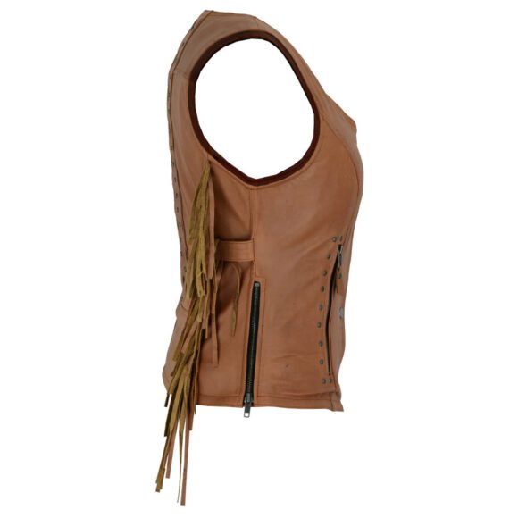 high mileage roxy ladies premium brown leather vest | fringes | rivets