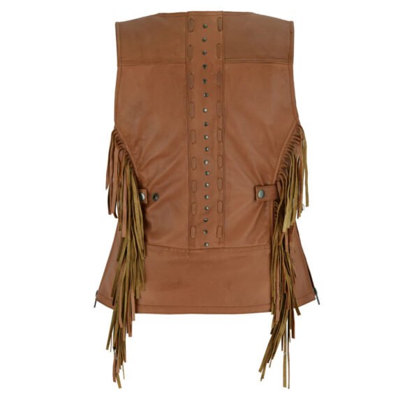 high mileage roxy ladies premium brown leather vest | fringes | rivets