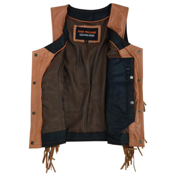 high mileage roxy ladies premium brown leather vest | fringes | rivets