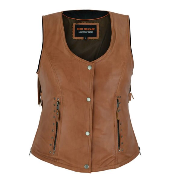 high mileage roxy ladies premium brown leather vest | fringes | rivets