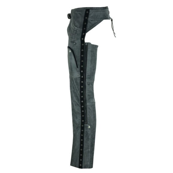 high mileage womens antique gray soft goatskin leather chaps | grommeted twill | lace