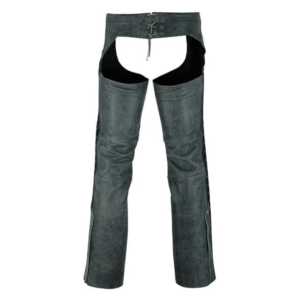 high mileage womens antique gray soft goatskin leather chaps | grommeted twill | lace