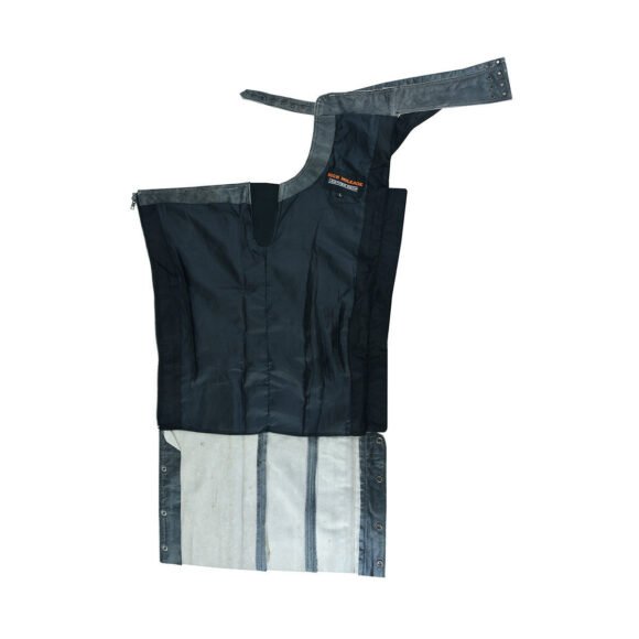 high mileage womens antique gray soft goatskin leather chaps | grommeted twill | lace