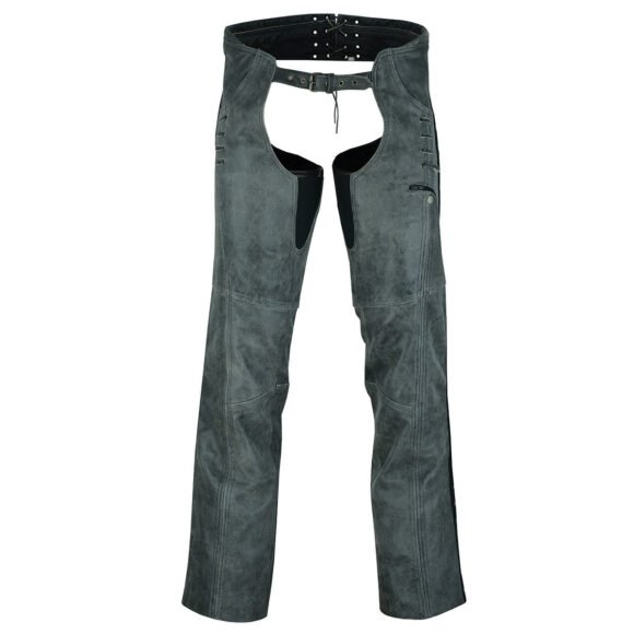 high mileage womens antique gray soft goatskin leather chaps | grommeted twill | lace