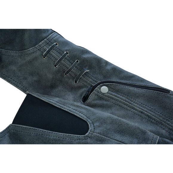 high mileage womens antique gray soft goatskin leather chaps | grommeted twill | lace