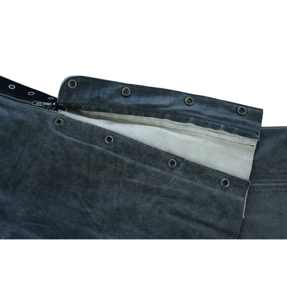 high mileage womens antique gray soft goatskin leather chaps | grommeted twill | lace