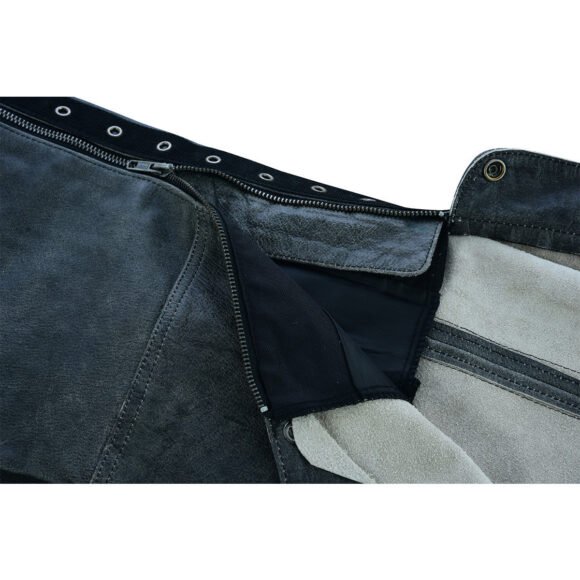 high mileage womens antique gray soft goatskin leather chaps | grommeted twill | lace