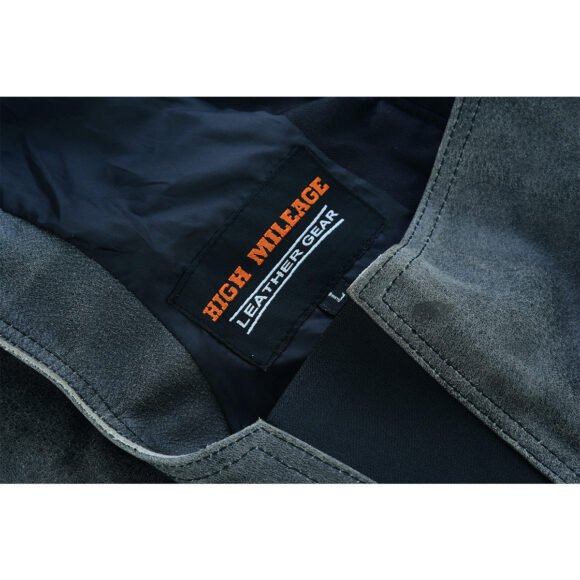 high mileage womens antique gray soft goatskin leather chaps | grommeted twill | lace