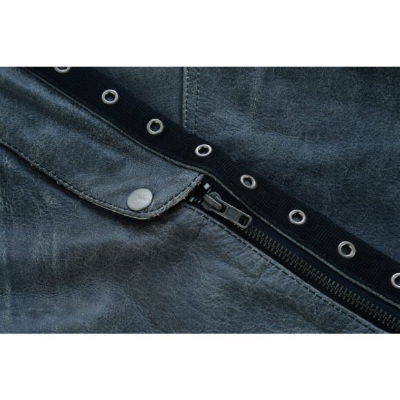 high mileage womens antique gray soft goatskin leather chaps | grommeted twill | lace