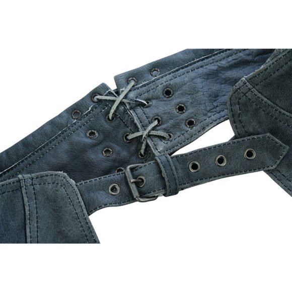 high mileage womens antique gray soft goatskin leather chaps | grommeted twill | lace