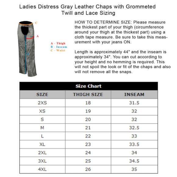 high mileage womens antique gray soft goatskin leather chaps | grommeted twill | lace