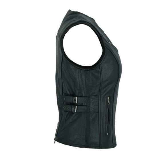 high mileage womens black leather vest | buckles
