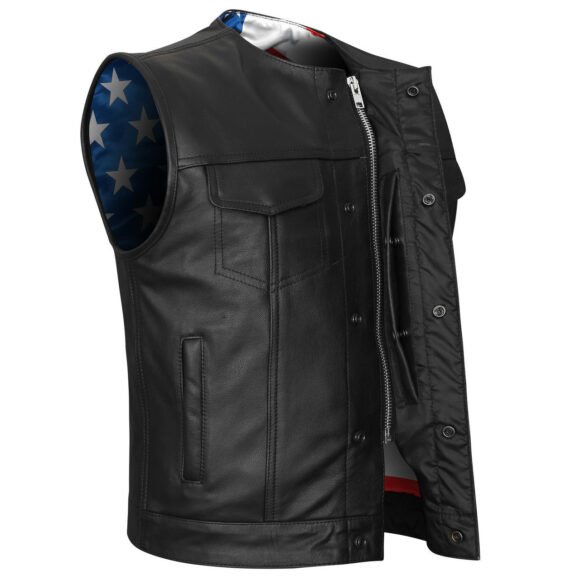 mens zipper | snap closure collarless leather club vest | american flag liner