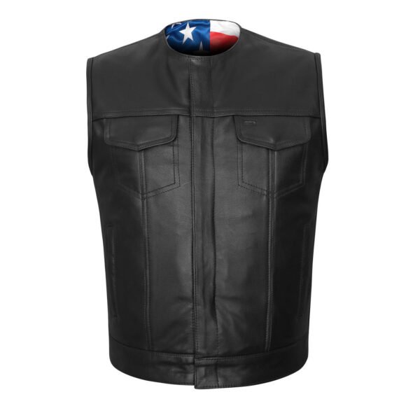 mens zipper | snap closure collarless leather club vest | american flag liner