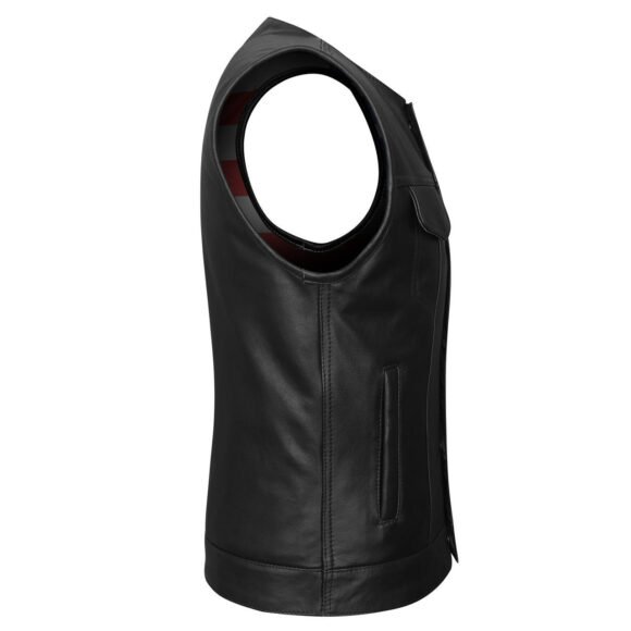 mens zipper | snap closure collarless leather club vest | american flag liner